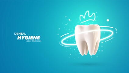 Tooth protection with crown 3d vector illustration. Teeth dentistry banner on blue background. Stomatology advertising web banner template.