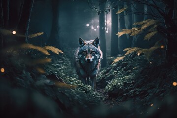 Wolf in the Forest at Night. Generative AI