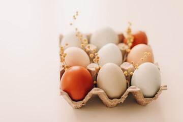 fresh chicken eggs of natural shades and colors in a recycled box on a white background