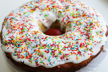 Easter card. traditional easter cake, easter eggs and spring flowers	