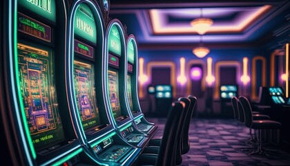 Slot Machines in a luxury Casino with bright neon colors created with generative ai technology - obrazy, fototapety, plakaty