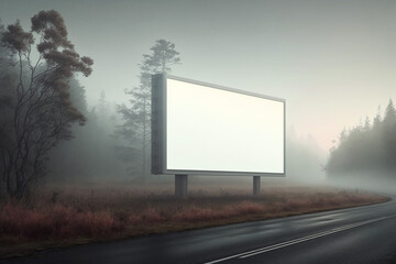Billboard mockup at the highway in forest, sunrise setting with fog and nature. AI generated image