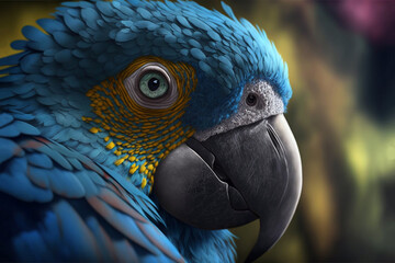 Photo illustration of a blue macaw. Generative AI.