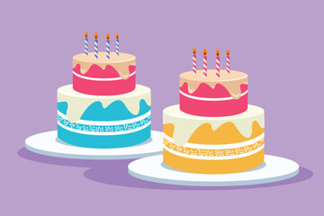 Cartoon flat style drawing fresh delicious home made birthday cake with candles above template. Pastry confectionery badge concept for cafe or food delivery service. Graphic design vector illustration