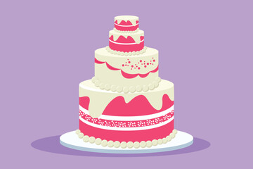 Graphic flat design drawing of stylized pilled anniversary or wedding cake with cherry fruit topping art. Pastry confectionery concept for cake shop or food delivery. Cartoon style vector illustration