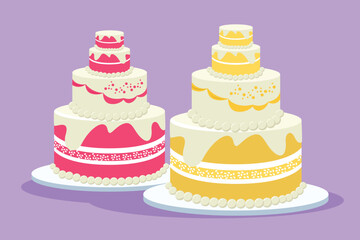 Character flat drawing fresh delicious stacked wedding cake with strawberry fruit topping. Pastry confectionery concept for flyer, sticker, card, logo, icon symbol. Cartoon design vector illustration