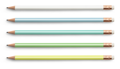 set of simple pencils with eraser in different pearlescent colors, isolated craft, art, business, or school design element, top view / flat lay