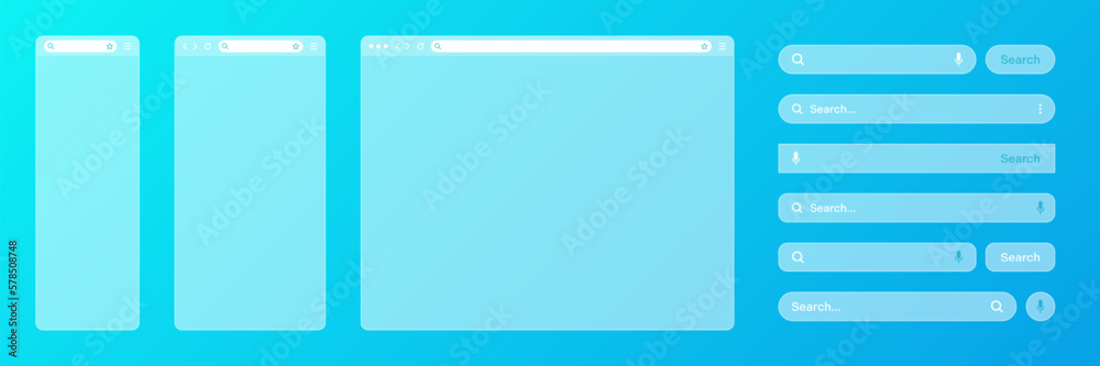 Poster blank transparent internet browser window with various search bar templates. web site engine with se