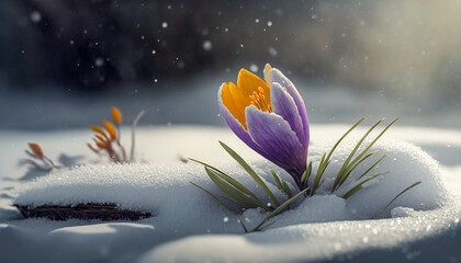 Fototapeta na wymiar Spring Crocus Flowers Emerging from the Snow ~ Created using Generative AI