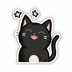 Cute Kawaii Sticker Black Cat Happy - Generative AI