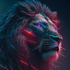 Obraz na płótnie Canvas portrait of a lion - evil lion in profile with colored lights
