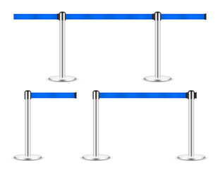Obraz premium Realistic blue retractable belt stanchion. Crowd control barrier posts with caution strap. Queue lines. Restriction border and danger tape. Attention, warning sign. Vector illustration