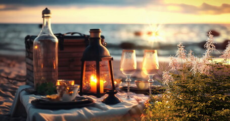 picnic on sunset at sea , straw hat, wine ,juice,and wild flowers on beach sand ,sun blurred light generated ai