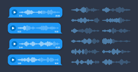 Obraz premium Voice, audio message, blue speech bubble. SMS text frame. Social media chat or messaging app conversation. Voice assistant, recorder. Sound wave pattern. Dark mode. Vector illustration