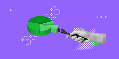 Business analytics, statistical data collection, profit sharing concept. Hand with fork holding piece of pie diagram. Minimalistic art collage