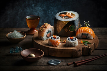 Fototapeta na wymiar Japanese seafood sushi and maki on wooden plate. Generative AI
