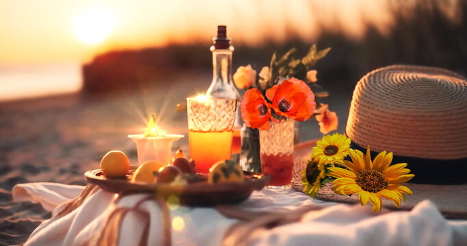 picnic on sunset at sea , straw hat, wine ,juice,and wild flowers on beach sand ,sun blurred light generated ai