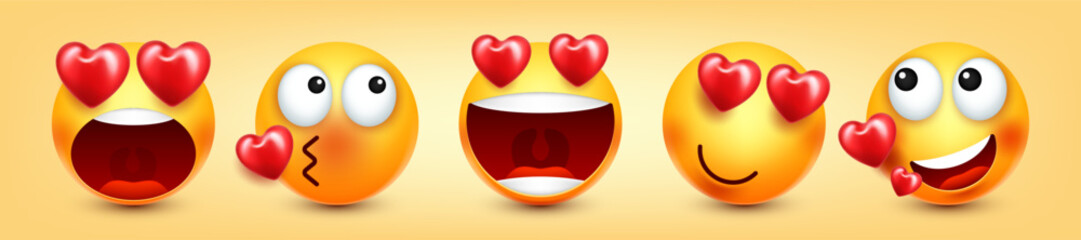 Cartoon emoji with hearts, emoticons collection. Yellow face with emotions, mood. Facial expression, realistic emoji. Sad, happy, angry faces. Funny character with smiling face. Vector illustration