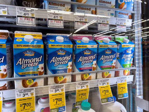 Lynnwood, WA USA - circa February 2023: Close up view of dairy free milk products for sale inside a Safeway grocery store.