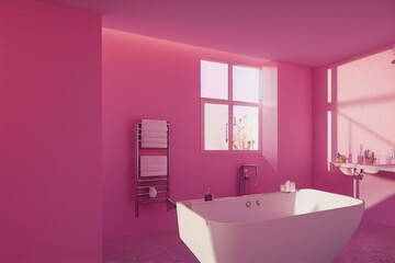 Obraz na płótnie Canvas Pink bathroom with tub and big heart art on the wall. Generative AI