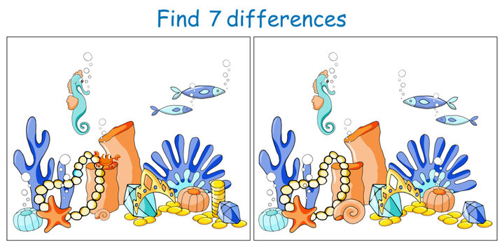 Logic puzzle game. Find 7 differences in seabed themed pictures on white background. Vector illustration for children's development.