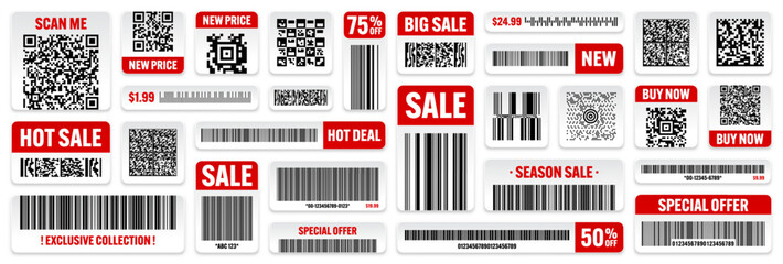 Set of product barcodes and QR codes. Special offer, sale stickers, shopping discount label or promotional badge. Serial number, product ID. Supermarket retail label, price tag. Vector illustration