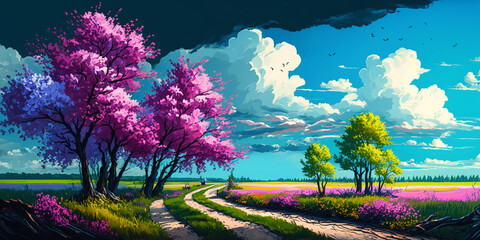 Painting of a vibrant spring landscape against a beautiful sky. Generative AI.