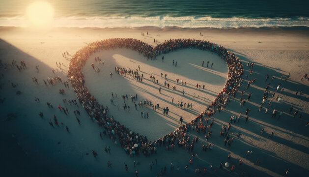 Huge crowd of people forming a heart on the beach created with generative AI technology