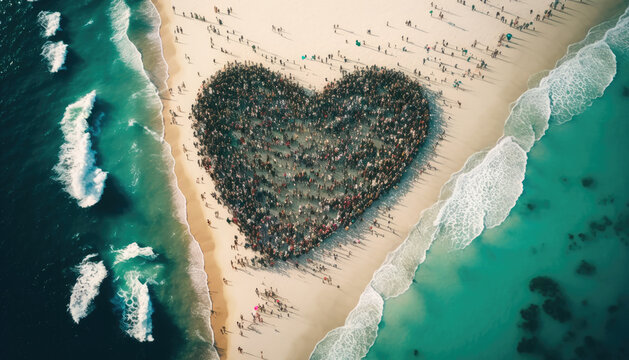Huge crowd of people forming a heart on the beach created with generative AI technology
