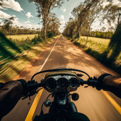 Distorted perspectives view from the front seat of a motorcycle racing down a windy road in the rural countryside, during a warm summer day, created with generative ai tools.