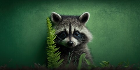 Playful raccoon peeks around grass on a plain green background, concept of Curious and Mischievous, created with Generative AI technology - obrazy, fototapety, plakaty