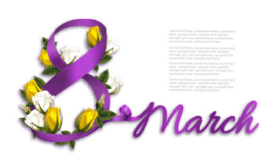 8th March illustration. International Women Day celebration background. Holiday colorful flowers background with yellow and white roses and red ribbon. Vector.