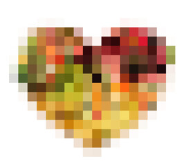 Fruits and berries in a splash of juice collected in the shape of a heart. Strawberry, raspberry, blueberry, blackberry, orange, guava, watermelon, pineapple, mango, peach, apple, kiwi, banana. Vector