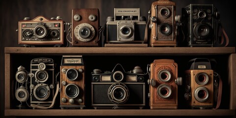 Impressive collection of vintage cameras displayed on wooden shelf with carefully maintained, concept of Collectible and Retro, created with Generative AI technology