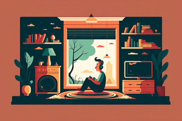 Illustration of a man listening music at home, created with AI generative technology