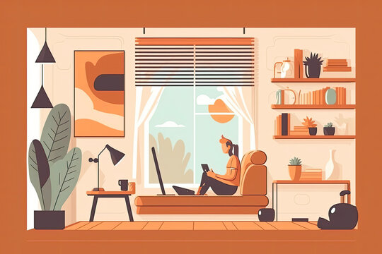 Illustration of a woman working at home, created with AI generative technology