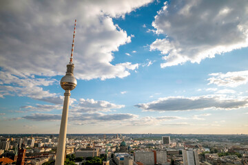 Aerial view of Berlin skyline with famous TV tower at Alexanderplatz, Germany