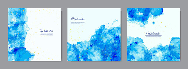 Vector illustration. Watercolor paints. Abstract contemporary aesthetic backgrounds set. Design elements for social media template, web banner, blog post. Grunge texture overlay. Blue and white color