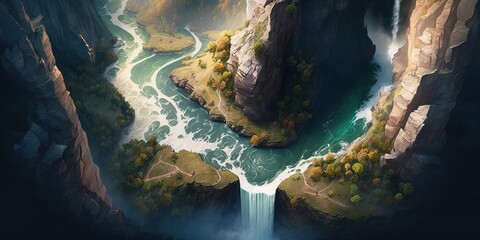 stunning aerial view of natural wonder such as winding river carving through a canyon a majestic waterfall cascading down a mountain, created with Generative AI technology - obrazy, fototapety, plakaty