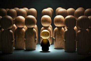 Identical wooden figurines with one special in the center - Stand out from the crowd