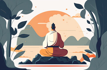 Illustration of a person meditating in nature, created with AI generative technology