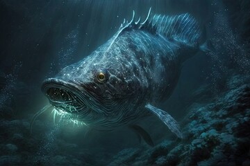 Fototapeta premium On the Prowl: An Eerie Illustration of a Deep-Sea Creature Searching for Its Next Prey Generative AI