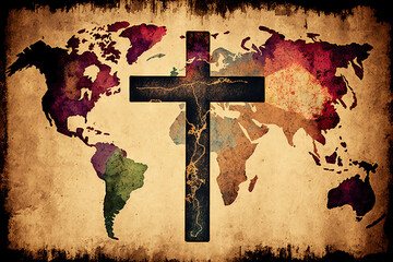 The holy cross of jesus christ world map. global mission, concept of Missionary Work and Global Outreach, created with Generative AI technology