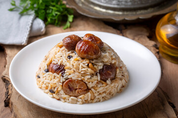 Traditional delicious Turkish food; chestnut rice pilaf (Turkish name; kestaneli pilav)
