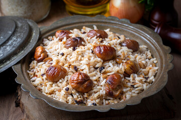 Traditional delicious Turkish food; chestnut rice pilaf (Turkish name; kestaneli pilav)