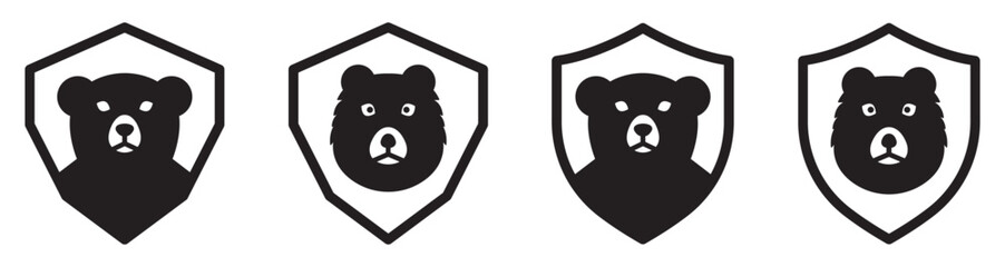 Set of bear shield icons. Shield bear logo, shield symbol and bear silhouette. Vector.