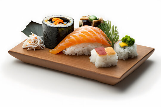 Japanese seafood sushi and maki on wooden plate on white isolated background. Generative AI