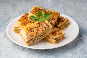 Traditional delicious Turkish cuisine, Turkish food; handmade mince pie, Turkish name; Kayseri Tandir boregi, Tandir boregi