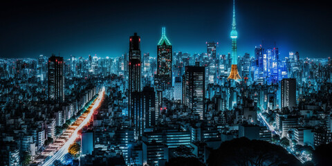 Tokyo Nightscape: Futuristic City Lights and Majestic Mountains - Generative Art