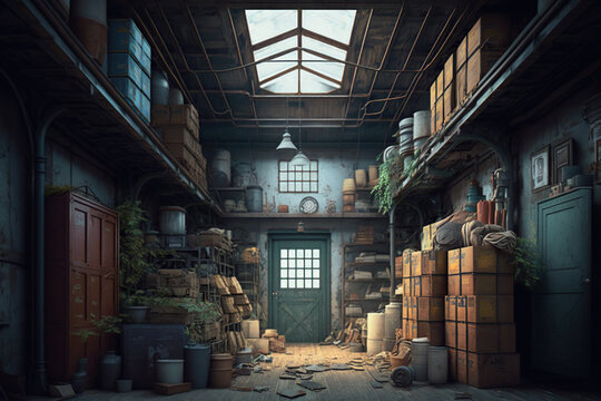 Warehouse of lost things, concept of Abandoned Objects and Forgotten Possessions, created with Generative AI technology